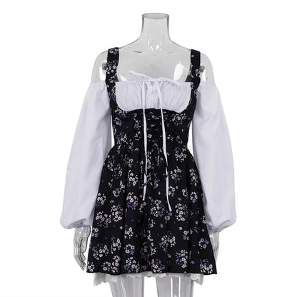Floral Corset Lace Up Square Neck Eyelet Lace Trim Bubble Hem Mini Dress