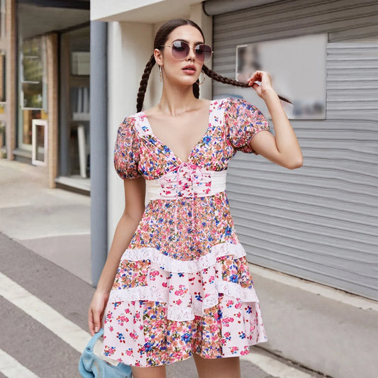 Lace Bow Tie V Neck Floral Mini Dress