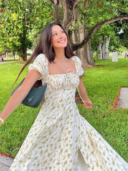 Puff Sleeve Split Maxi Floral Dress