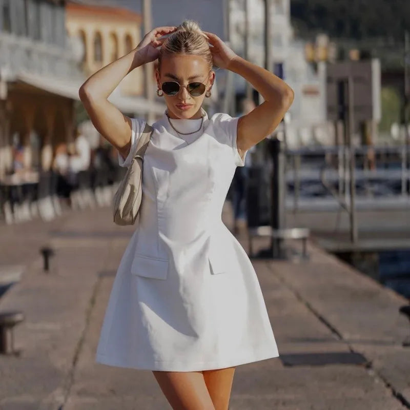 Mock Neck Cap Sleeve Structured Flap Pocket A-Line Mini Dress