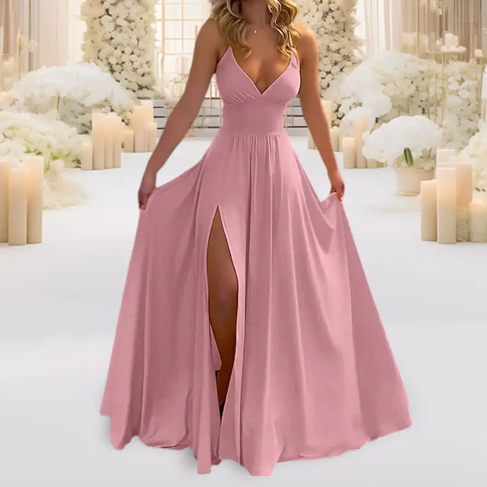 Plunging V-Neck Spaghetti Strap Ruched Waist High Slit Maxi Gown