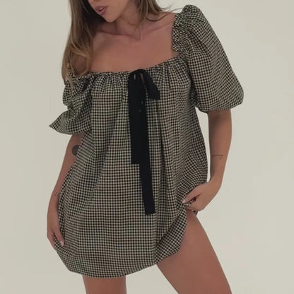 Puff Sleeve Plaid Bow Vacation Dress