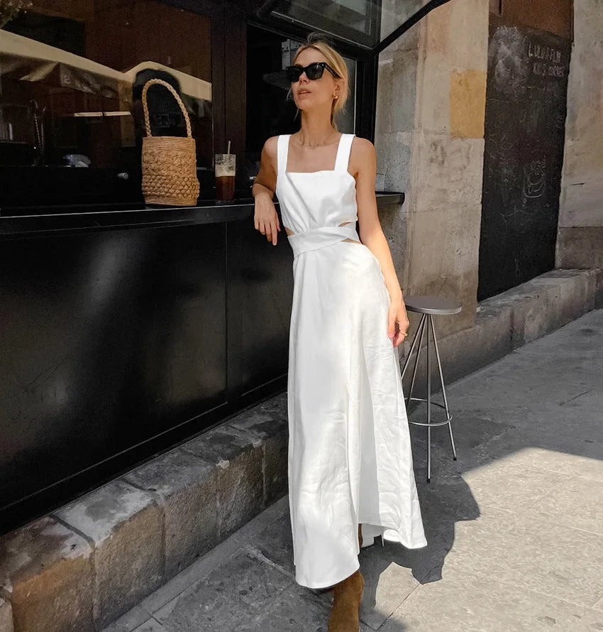 Square Neck Wide Strap Lace Up Waist A-Line Maxi Dress