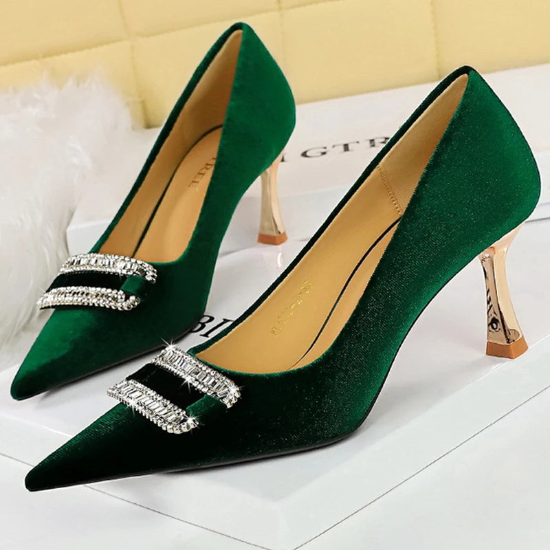 Metal Rhinestone Kitten Heels Women Pumps for Fashion Banquets