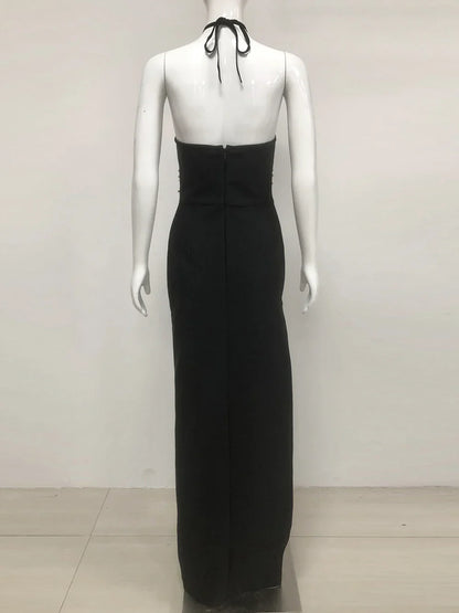 Halter Bead Hollow Design Backless Long Dress