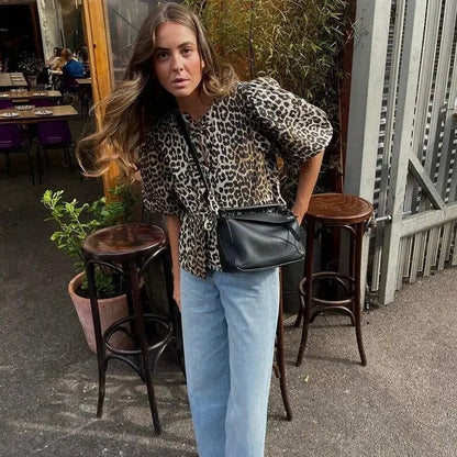 Women's Leopard Print Blouse With Cut Outs And Puff Sleeves