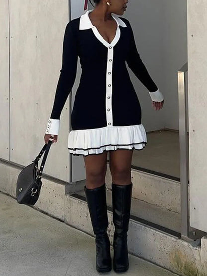 Contrast Knit Mini Dress | Slim Fit | Button Front | Ruffle Hem