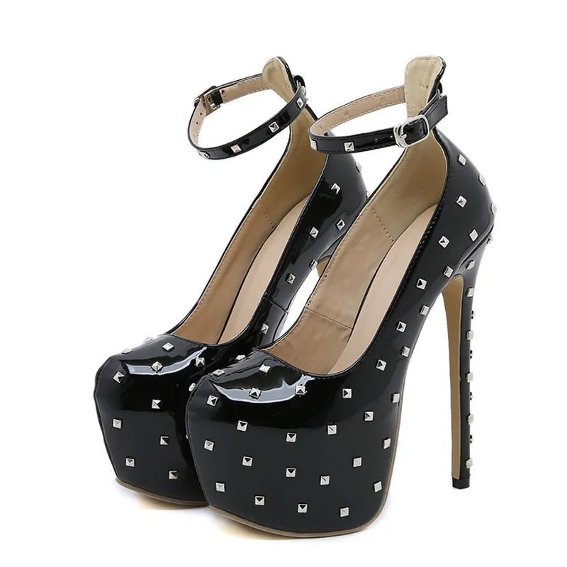Metal Rivet Round Toe Platform High Heels Pole Dance Shoes