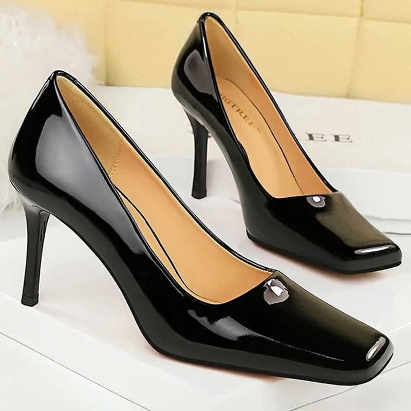 Square Toe Women Pumps High Heels Stilettos Career Office Shoes in Patent Leather