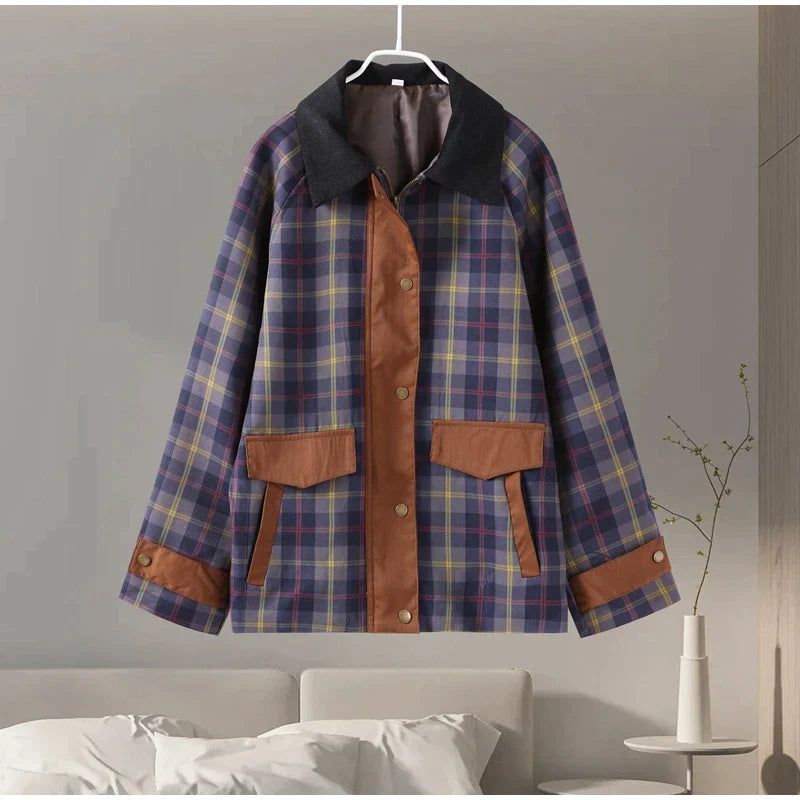 Vintage Plaid Printed Women Jacket Patchwork Turn Down Collar Single Breasted Female Coat Autumn Long Sleeve Zipper Outwear