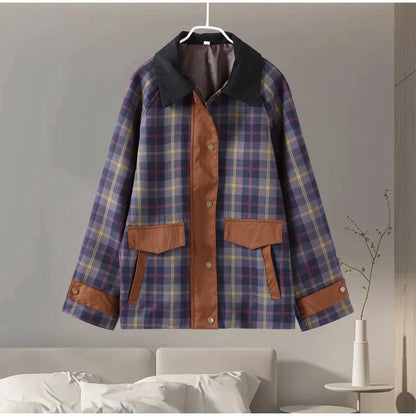 Vintage Plaid Printed Women Jacket Patchwork Turn Down Collar Single Breasted Female Coat Autumn Long Sleeve Zipper Outwear