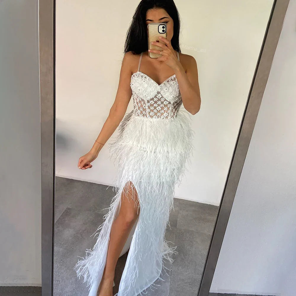 Feathers Spaghetti Straps Side Slit Prom Dress