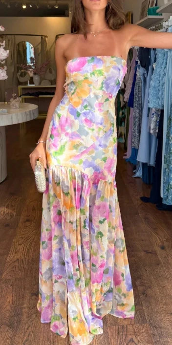 Strapless A-line Backless Floral Dress