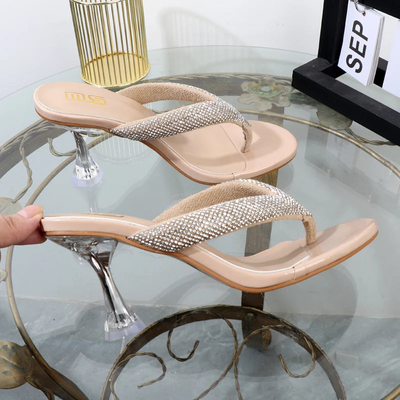 Autumn flip flops with transparent high heels and rhinestone embellishments for women's outdoor wear.