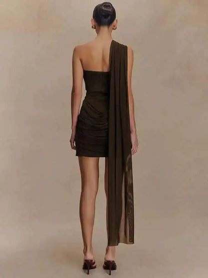 Draped Oblique Shoulder Mini Dress