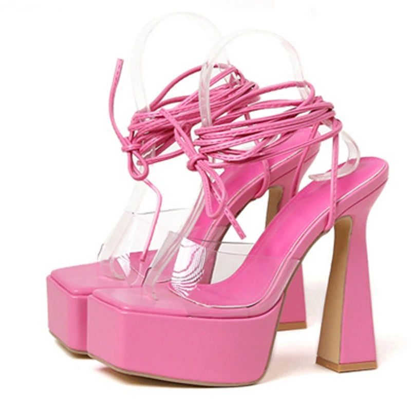 PVC Transparent Lace-Up Ankle Strap Sandals Women Open Toe High Heels 15CM