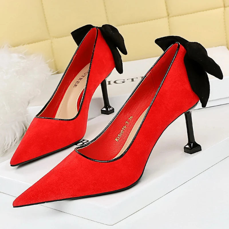 Bowknot Suede Female Kitten Heels Pumps - Spring New High-heels