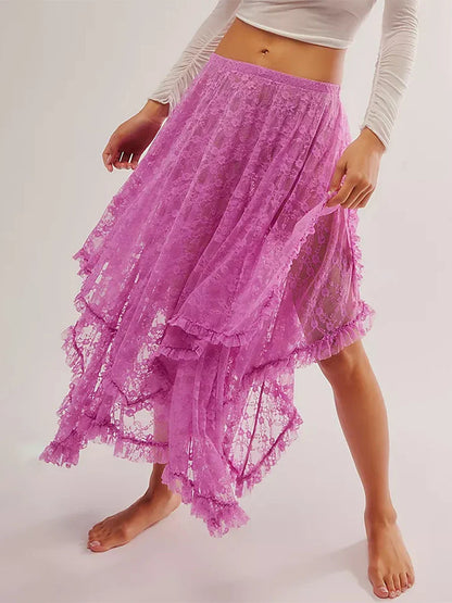 Lace Elastic Irregular Midi Skirt