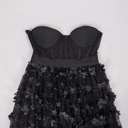 3D Flower Splicing Lace Strapless Puff Dress