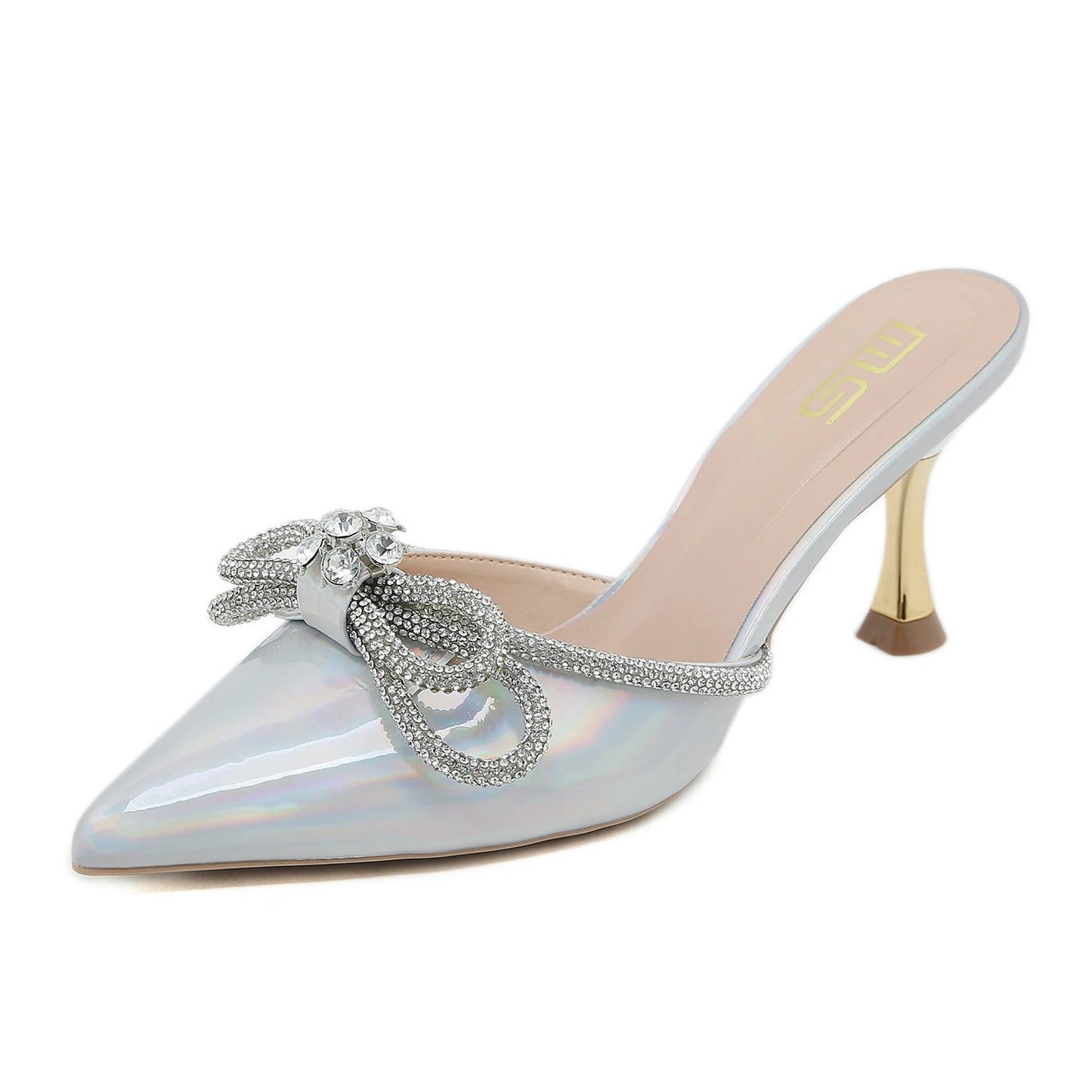 Summer rhinestone bow sandals with pointed semi-slippers and thin heels