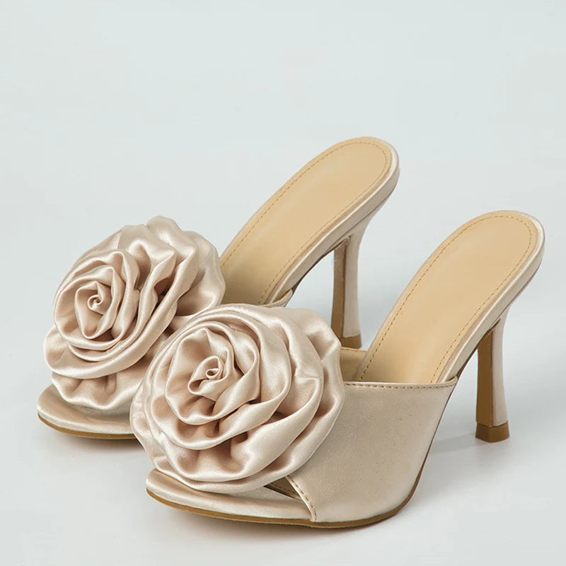 Women's Pink Flowers Design Thin High Heel Slippers