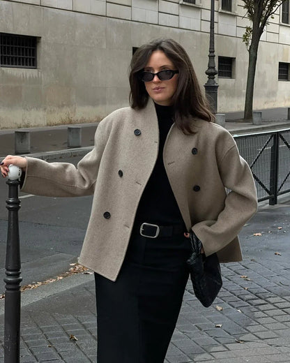 Elegant Wool Women's Coats Loose Casual Double Breasted Stand Collar Short Jacket 2024 Fall Winter Coat Female Commute Outerwear