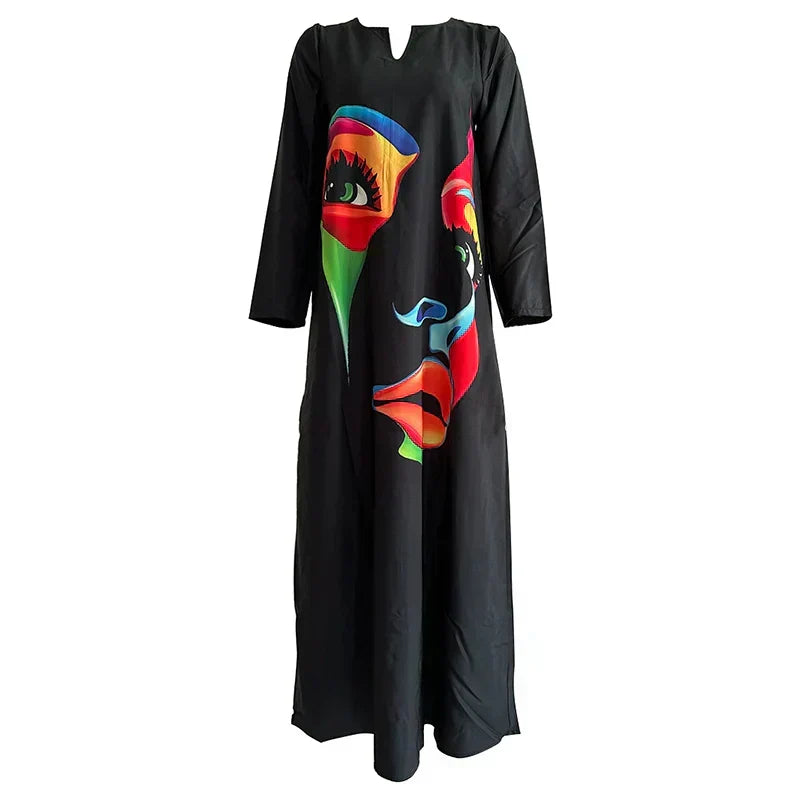 Abstract Face Print Long Sleeve V-Neck Side Pocket Maxi Dress