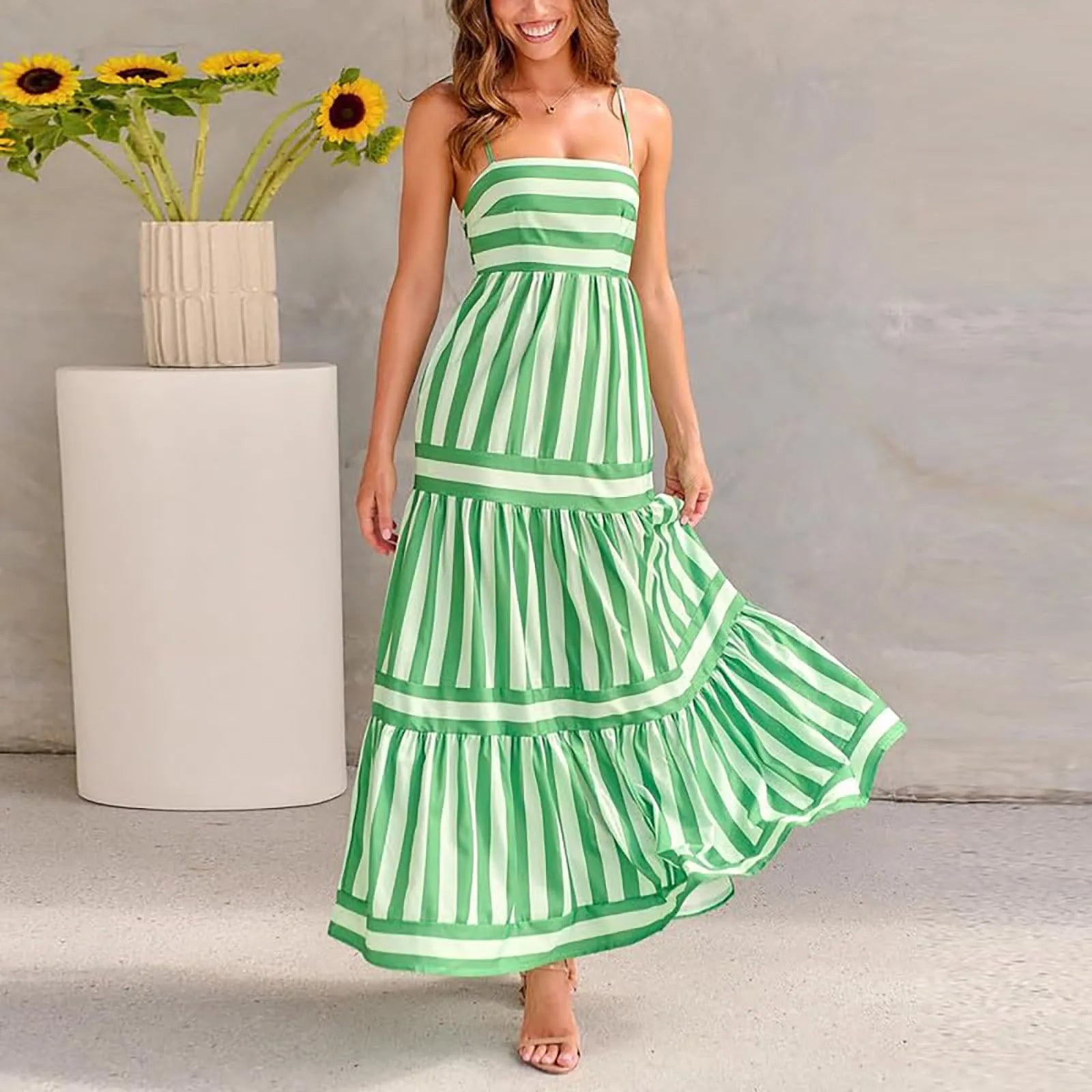 Striped Empire Waist Tiered Ruffle Spaghetti Strap Maxi Dress