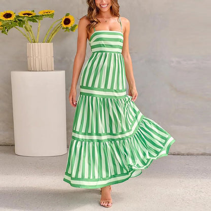 Striped Empire Waist Tiered Ruffle Spaghetti Strap Maxi Dress