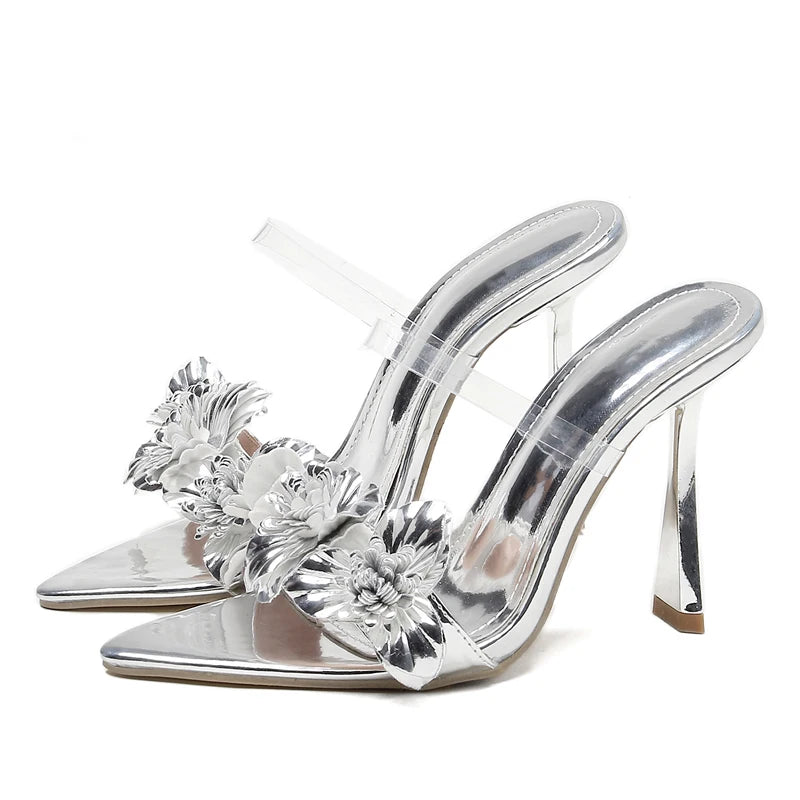 PVC Transparent Flower Pointed Toe Thin Heel Slippers for Summer