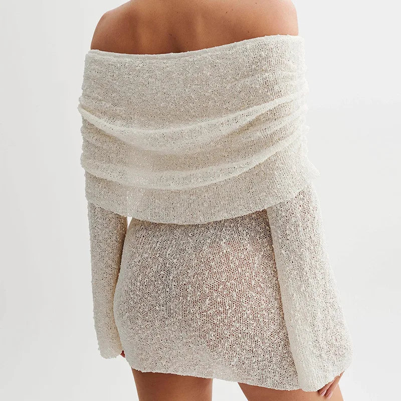 Glitter Knit Off-Shoulder Bell Sleeve Bodycon Mini Dress