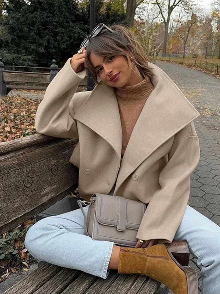 TAVIMART  -  Vintage Large Lapel Collar Short Coats Women Retro Casual Double-Breasted Pocket Coat Female Autumn Chic Loose Street Outwear