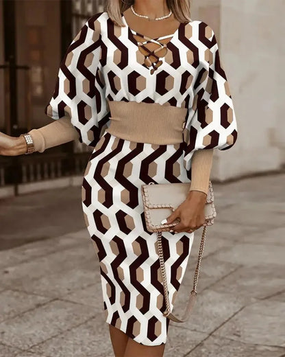 Geometric Print Lace-Up V-Neck Lantern Sleeve Ribbed Cuff Bodycon Midi Dress