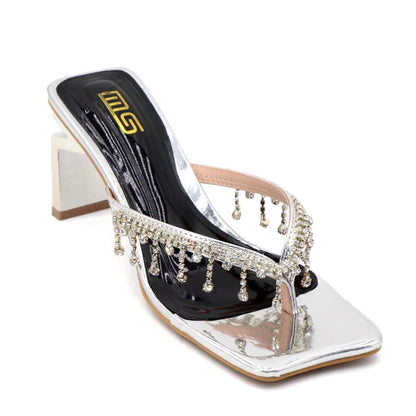 Rhinestone chain clip toe sandals with thick sole