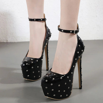 Metal Rivet Round Toe Platform High Heels Pole Dance Shoes