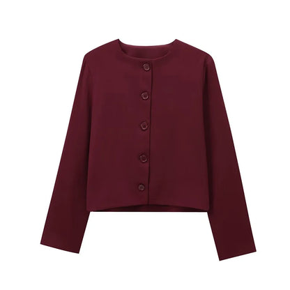Elegant Slim Fit Women's Jacket Round Neck Single Breasted Long Sleeve Short Jackets Fashion Solid Color Casual Coat Outerwears
