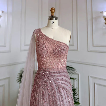 One-Shoulder Cape Sleeve Beaded Evening Dresses