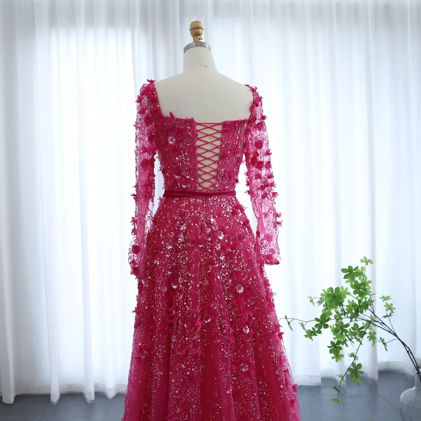 3D Floral A-Line Evening Gown Long Sleeves