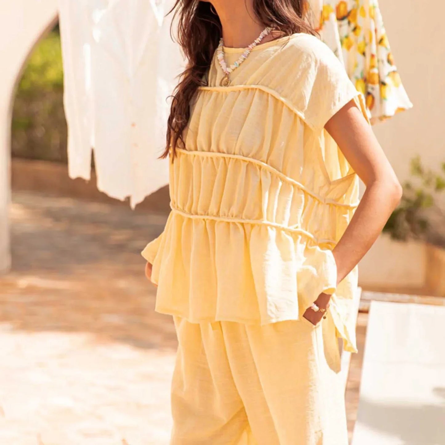| Ruched Cap Sleeve Peplum Top