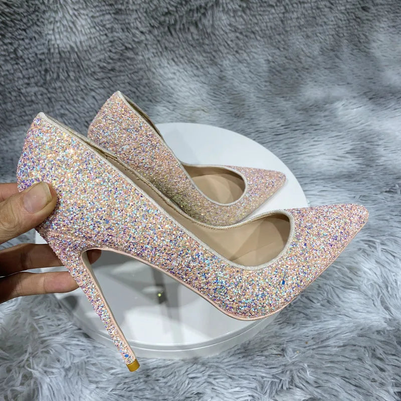Pink Glitter Sequins Pointy Toe High Heel Shoes for Women