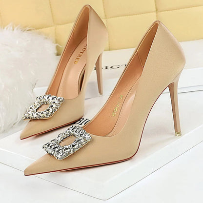 Rhinestone Women Pumps Silks Satins High Heels Stilettos Wedding Shoes