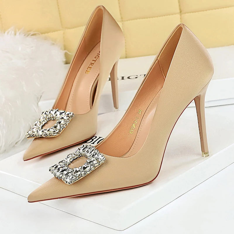 Rhinestone Women Pumps Silks Satins High Heels Stilettos Wedding Shoes