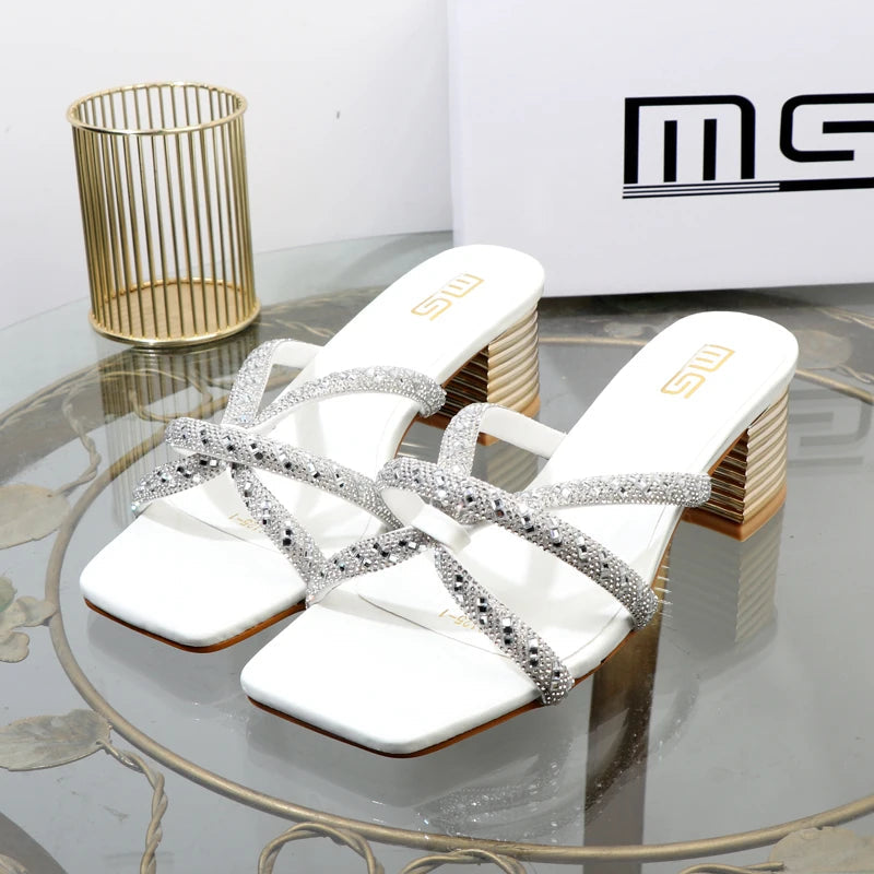 Rhinestone sandals with thick high heels for women's luxury style in autumn