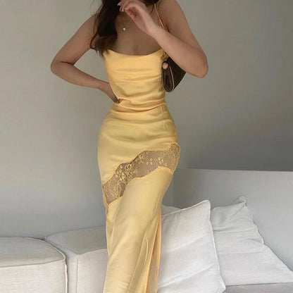 Satin Low Cut Spaghetti Strap Midi Dress