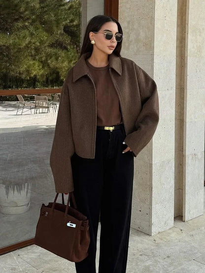 Brown Woolen Zipper Short Coat