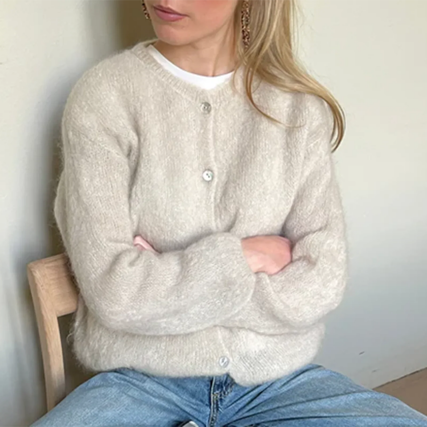 Puffy Open Front Button Knit Cardigan