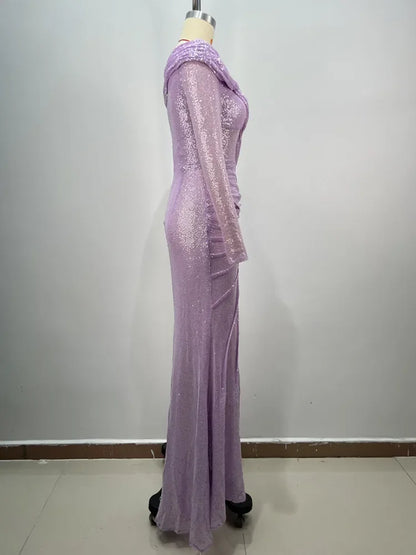 Off-Shoulder Long Sleeve Asymmetric Mesh Dress