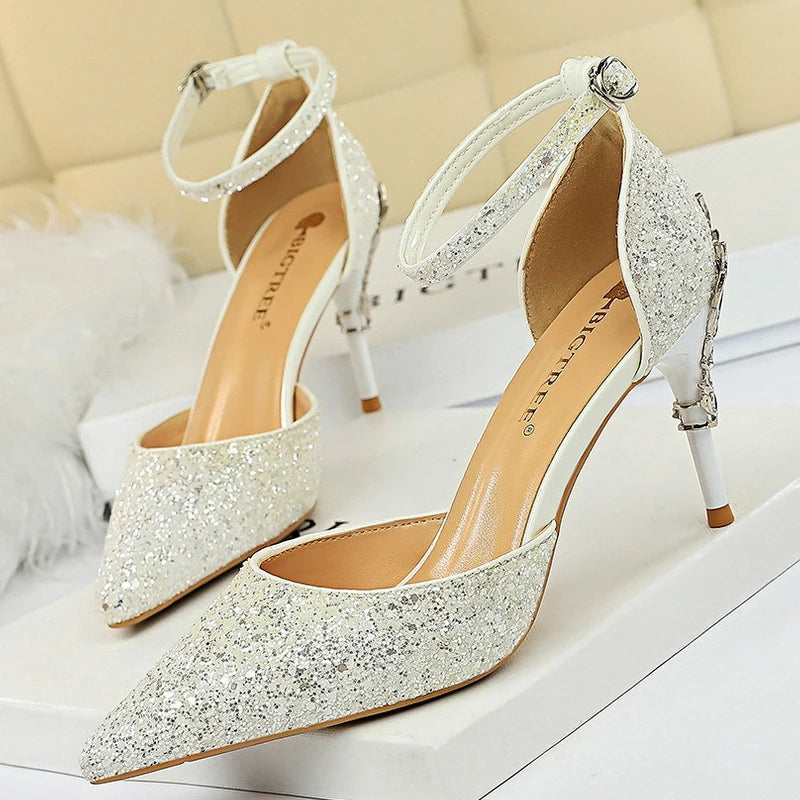 Sequin Wedding Pumps with Metal Decoration - 7.5cm Stilettos