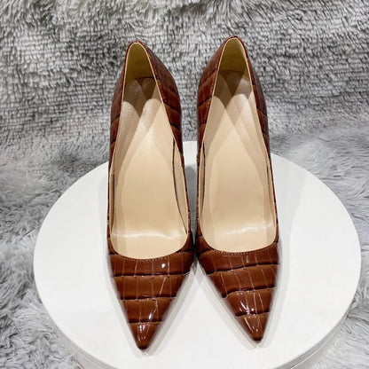 Coffee Brown Crocodile Women Sexy High Heels Party Shoes - 12cm