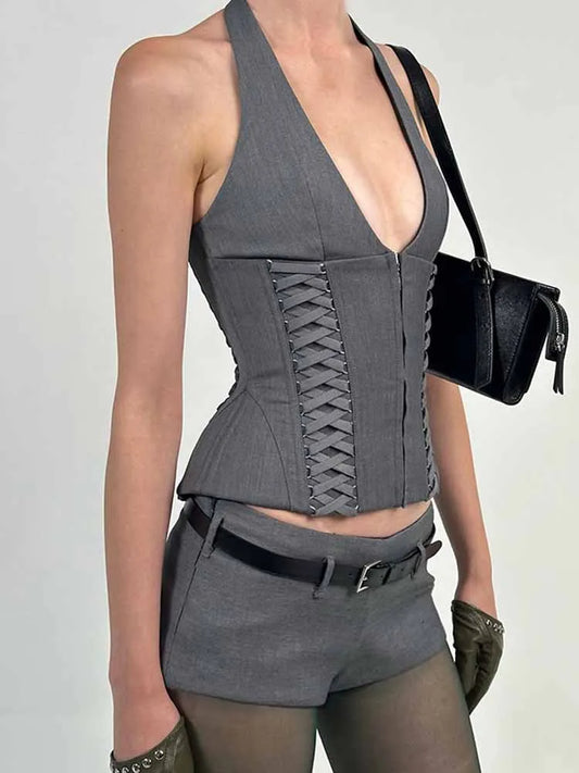 V-Neck Sleeveless Vest Shorts Two Piece Set